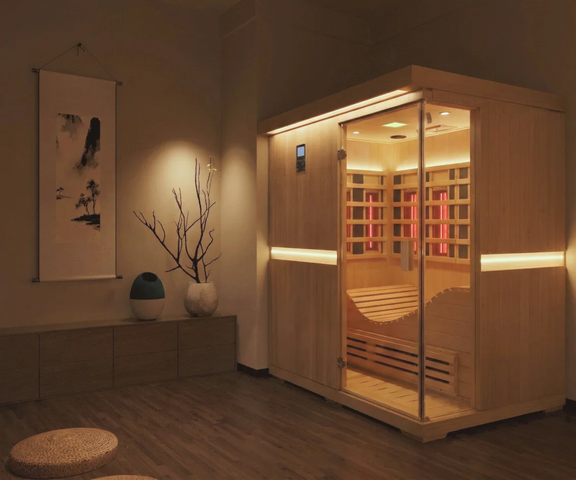Private full-spectrum infrared sauna suite at O2 Light Bar Singapore — Serenity Haven cabin with warm wood interior